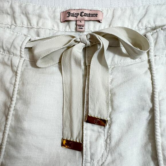 JUICY COUTURE White Linen Cotton Pants Large Drawstring Ankle Zip Y2K Minimalist - Picture 4 of 8